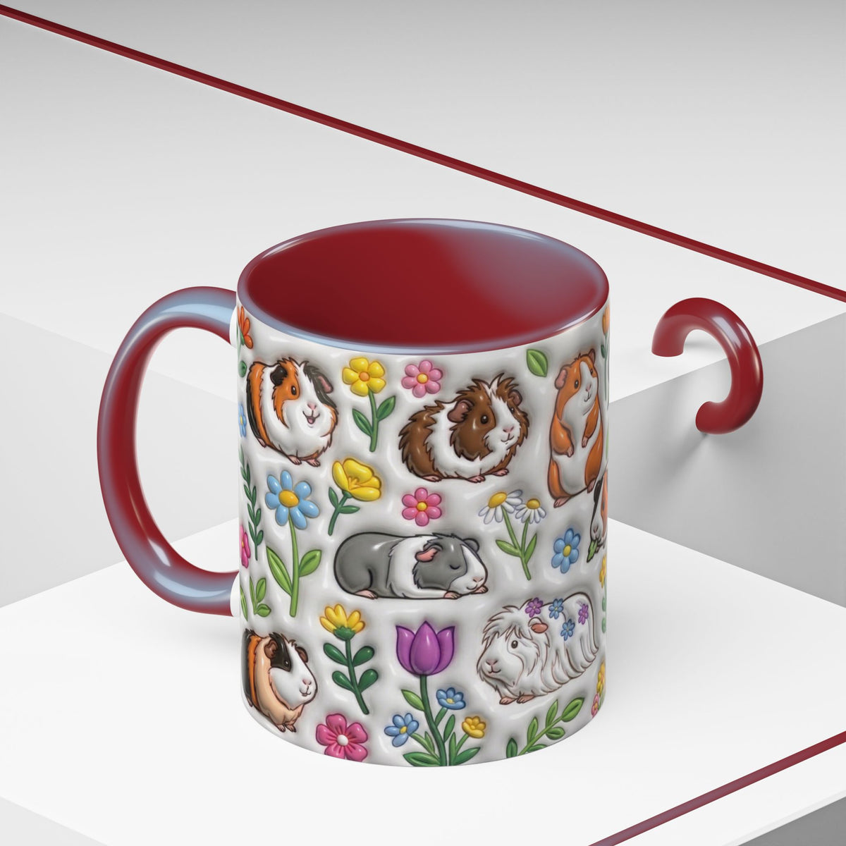 Guinea Pig Cute Floral 3D Inflated Effect Printed Mug, Funny Mug For Animal Lover, Guinea Pig Owner Gift, Guinea Pig Mom, Gift For Her
