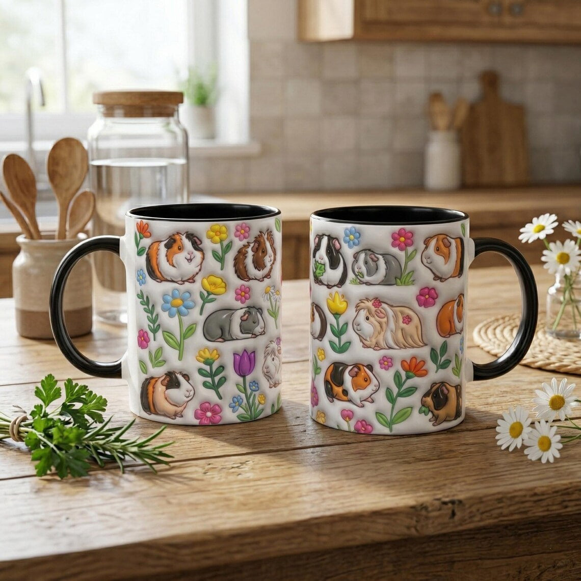 Guinea Pig Cute Floral 3D Inflated Effect Printed Mug, Funny Mug For Animal Lover, Guinea Pig Owner Gift, Guinea Pig Mom, Gift For Her