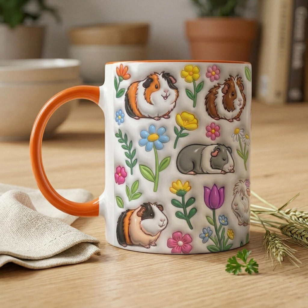 Guinea Pig Cute Floral 3D Inflated Effect Printed Mug, Funny Mug For Animal Lover, Guinea Pig Owner Gift, Guinea Pig Mom, Gift For Her