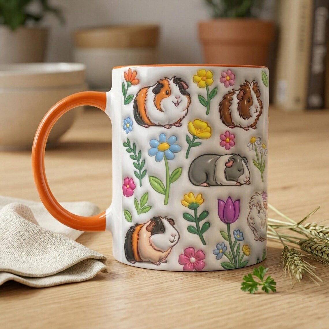Guinea Pig Cute Floral 3D Inflated Effect Printed Mug, Funny Mug For Animal Lover, Guinea Pig Owner Gift, Guinea Pig Mom, Gift For Her
