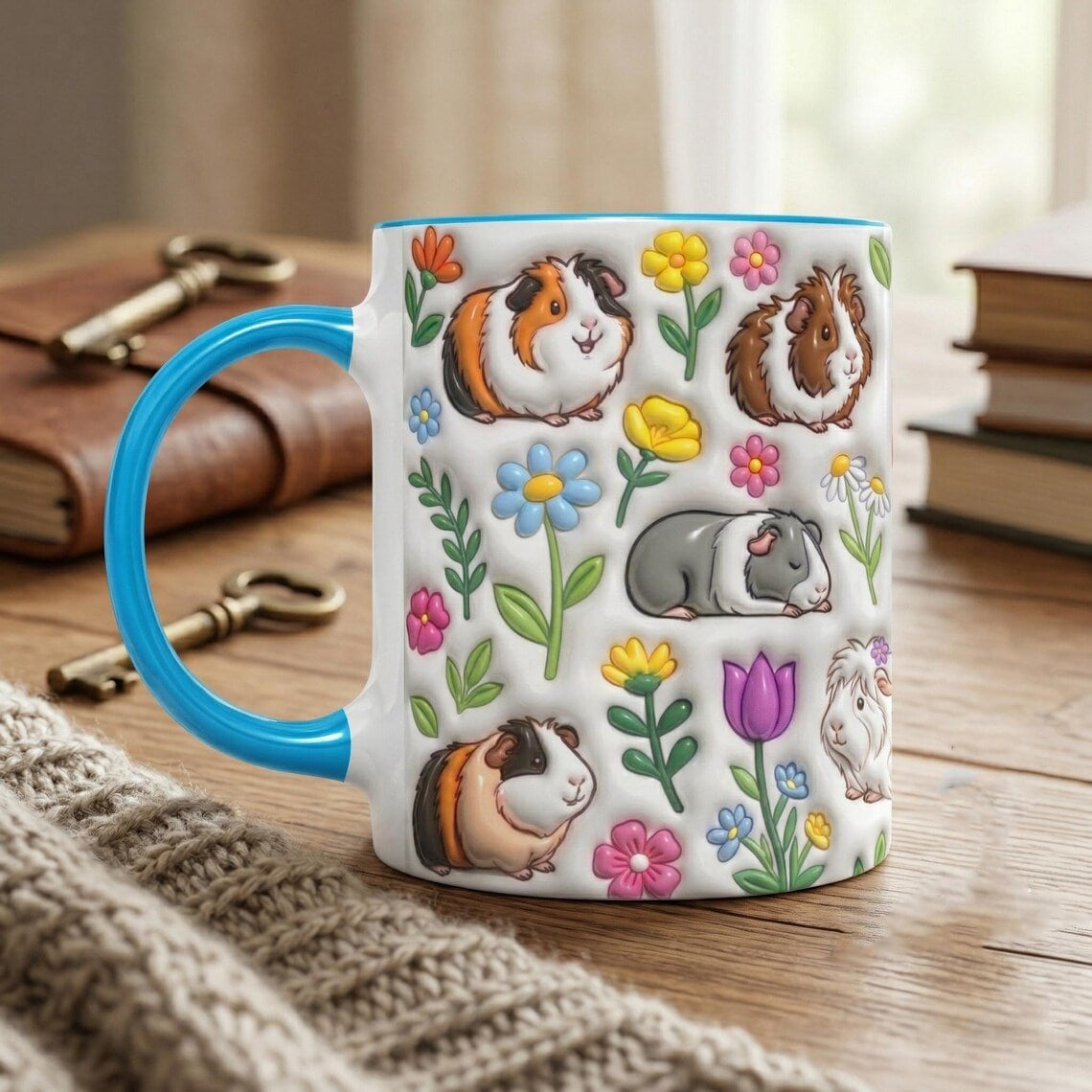 Guinea Pig Cute Floral 3D Inflated Effect Printed Mug, Funny Mug For Animal Lover, Guinea Pig Owner Gift, Guinea Pig Mom, Gift For Her