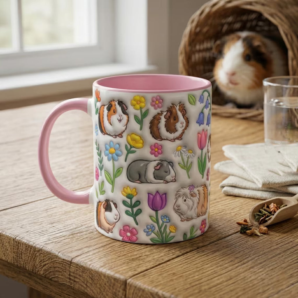 Guinea Pig Cute Floral 3D Inflated Effect Printed Mug, Funny Mug For Animal Lover, Guinea Pig Owner Gift, Guinea Pig Mom, Gift For Her