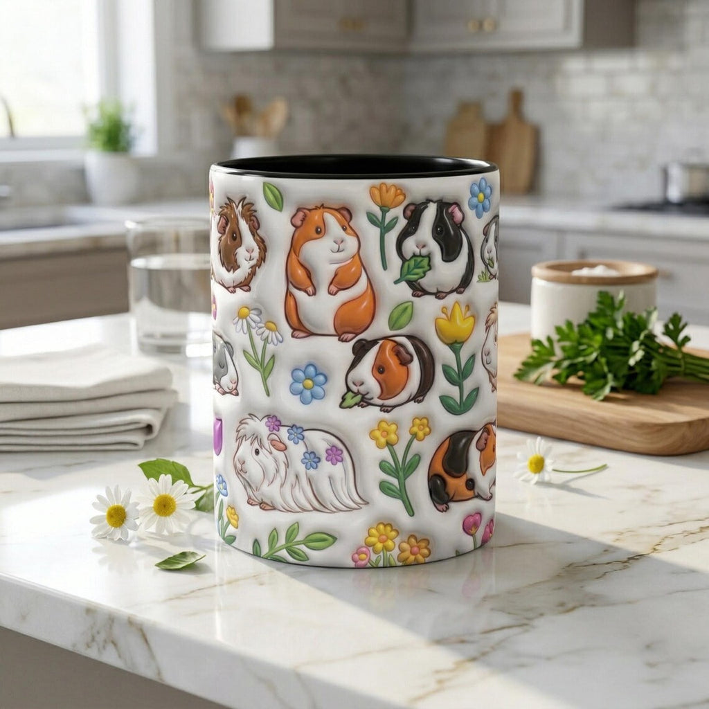 Guinea Pig Cute Floral 3D Inflated Effect Printed Mug, Funny Mug For Animal Lover, Guinea Pig Owner Gift, Guinea Pig Mom, Gift For Her