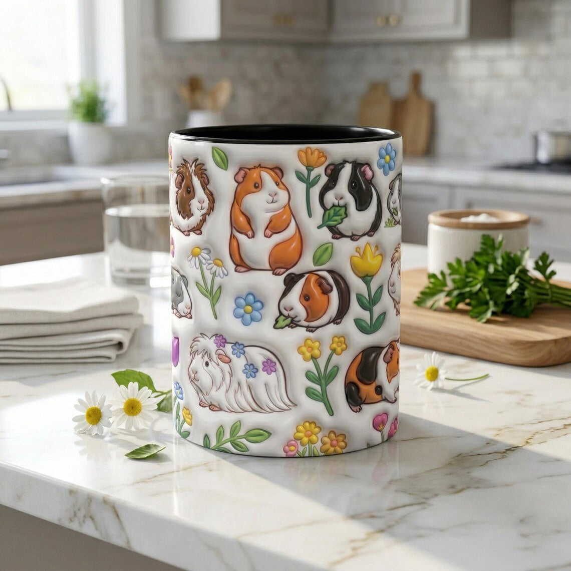 Guinea Pig Cute Floral 3D Inflated Effect Printed Mug, Funny Mug For Animal Lover, Guinea Pig Owner Gift, Guinea Pig Mom, Gift For Her
