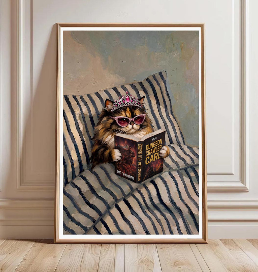 Princess Donut Reading Book in Bed Matte Vertical Poster, Dungeon Crawler Carl Art, Bookish Gifts, Book Lover Gift, Sci Fi Fantasy Wall Art
