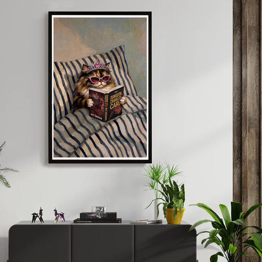 Princess Donut Reading Book in Bed Matte Vertical Poster, Dungeon Crawler Carl Art, Bookish Gifts, Book Lover Gift, Sci Fi Fantasy Wall Art
